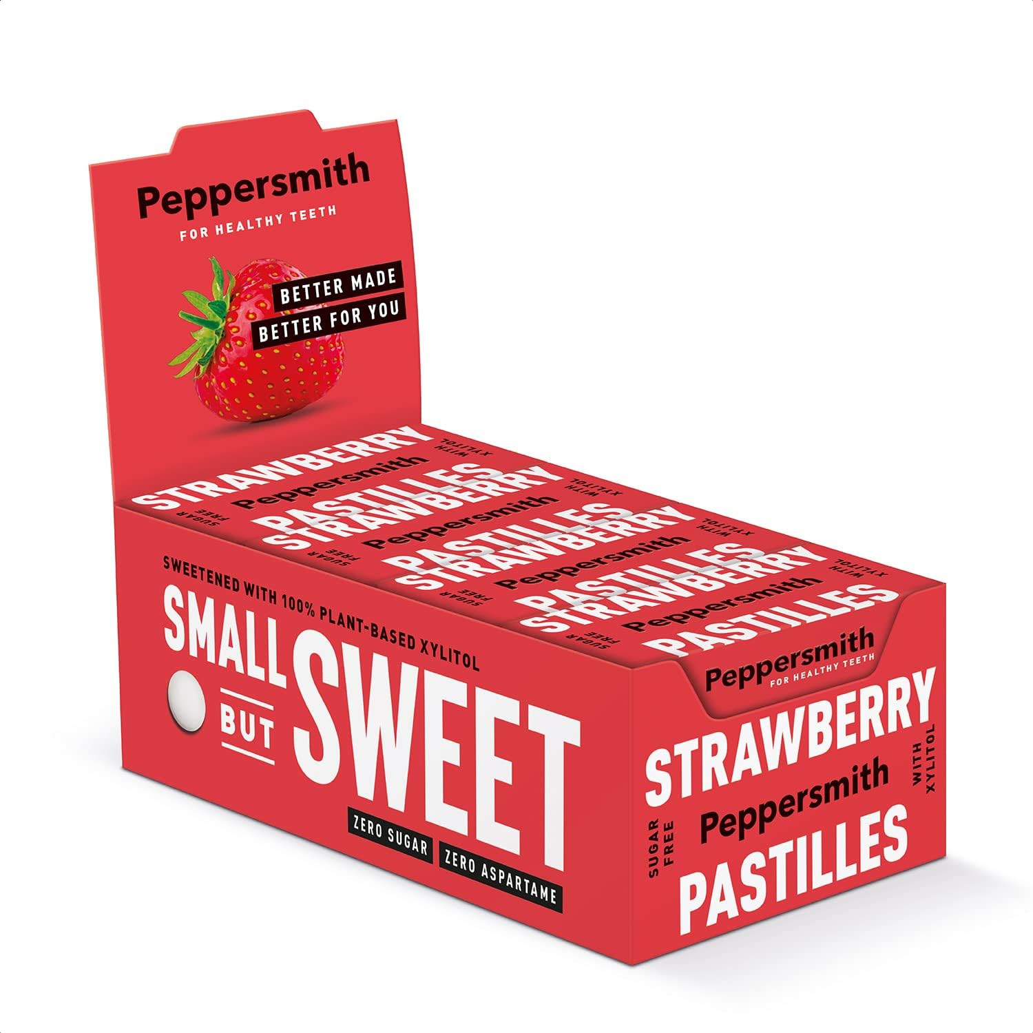 Peppersmith - Strawberry Pastilles - Vegan - Sugar Free - Breath Freshener - 100% Plant Based Xylitol - Benefits Oral Health - Pocket Packs - 12X15G