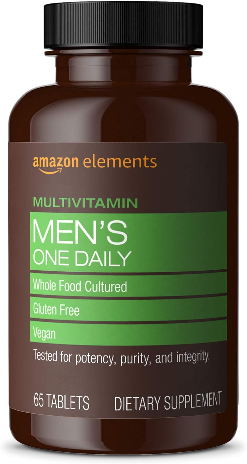 Amazon Elements Mens One Daily Multivitamin, 62% Whole Food Cultured, Vegan, 65 Tablets, 2 Month Supply (Packaging May Vary)