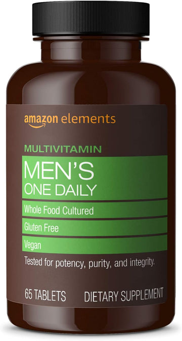 Amazon Elements Mens One Daily Multivitamin, 62% Whole Food Cultured, Vegan, 65 Tablets, 2 Month Supply (Packaging May Vary)