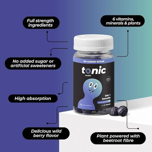 Tonic Health Kids Immunity Gummies - 7 In 1, Elderberry Gummies, No Added Sugar, No Sweeteners, Vitamins C, D And Zinc, Wild Berry Flavour, Month Supply (60 Count), Ages 3-12, Vegan