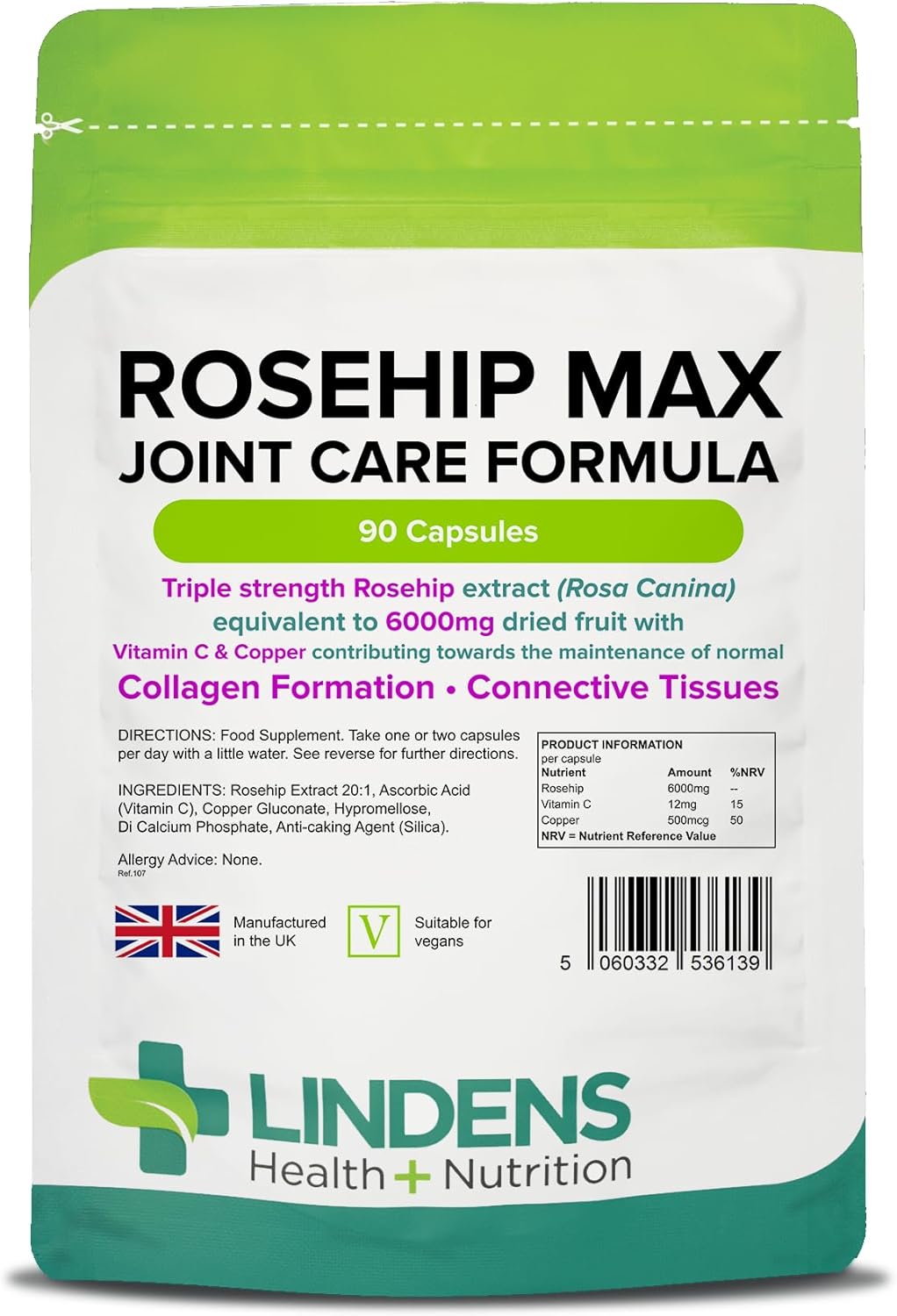 Lindens - Rosehip Max Joint Care Formula, 90 Capsules - Uk Made - Joint Care, Collagen Formation & Connective Tissues - Nervous & Immune System Function - Letterbox Friendly, Vegan