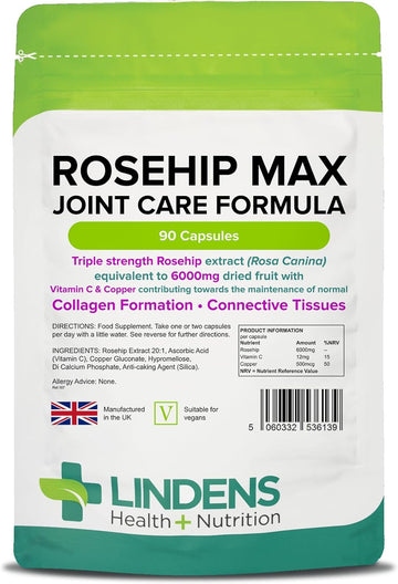 Lindens - Rosehip Max Joint Care Formula, 90 Capsules - Uk Made - Joint Care, Collagen Formation & Connective Tissues - Nervous & Immune System Function - Letterbox Friendly, Vegan