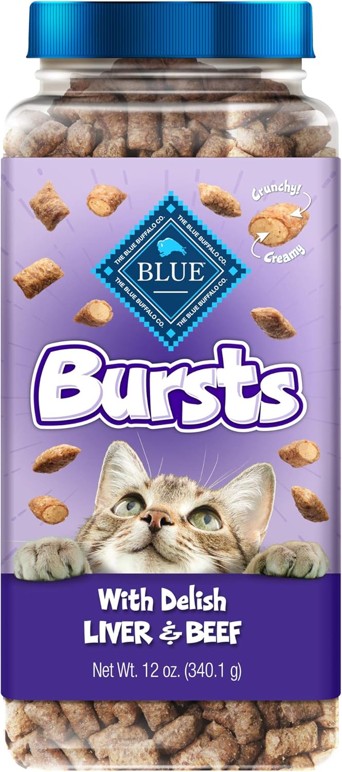 Blue Buffalo Bursts Crunchy & Creamy Cat Treats, Great For Training, Delish Liver & Beef, 12-Oz. Tub