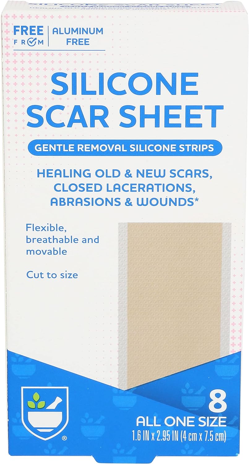 Rite Aid Silicone Scar Sheet, 8 Count - Strips for Softening and Flattening Body Scars, Surgical Scars, Burn Scars, and C-Section - Improves The Appearance of Old and New Scars