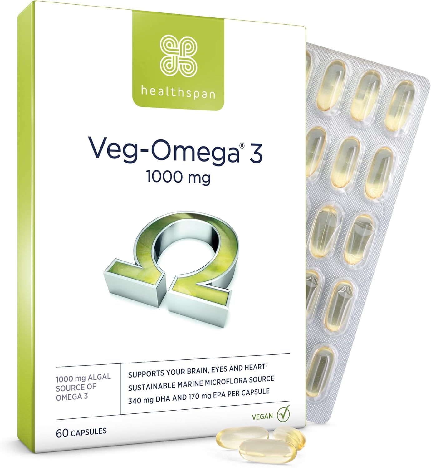 Healthspan Veg-Omega 3 1,000Mg | 60 Capsules | Support Brain, Eye And Heart Health | Vegan Algal Source | No Fish | Omega 3 Fatty Acids Dha & Epa | Non-Gmo | Vegan