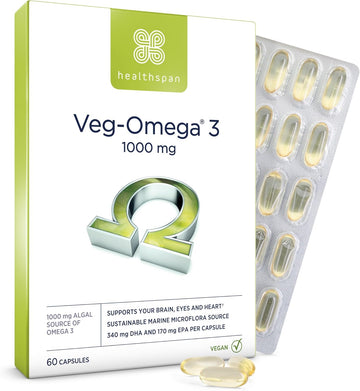 Healthspan Veg-Omega 3 1,000Mg | 60 Capsules | Support Brain, Eye And Heart Health | Vegan Algal Source | No Fish | Omega 3 Fatty Acids Dha & Epa | Non-Gmo | Vegan