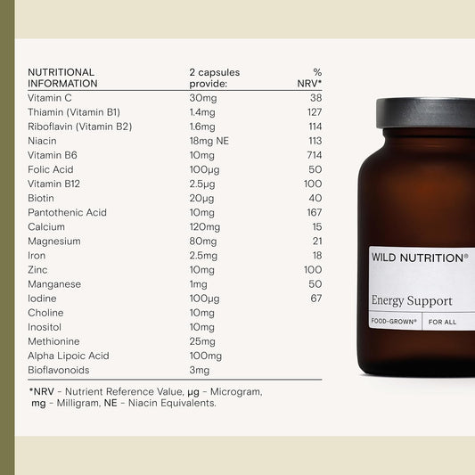 Wild Nutrition Food-Grown® Energy Support | With Iron, Vitamin C, And Magnesium - Ethically Sourced - Maintain Energy Levels + Immune Support - 60 Capsules