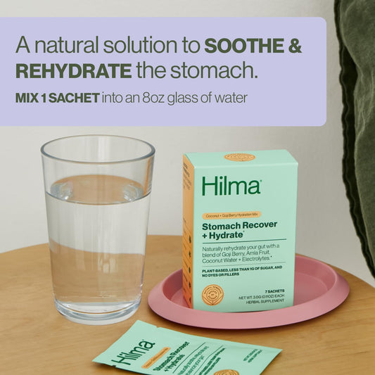 Hilma Stomach Recover And Hydrate, Organic Electrolytes Powder For Hydration W/Prebiotics And Gastroprotective Herbs, Rebalance Gut W/Goji Berry And Coconut Water, Doctor-Formulated, 7 Vegan Sachets