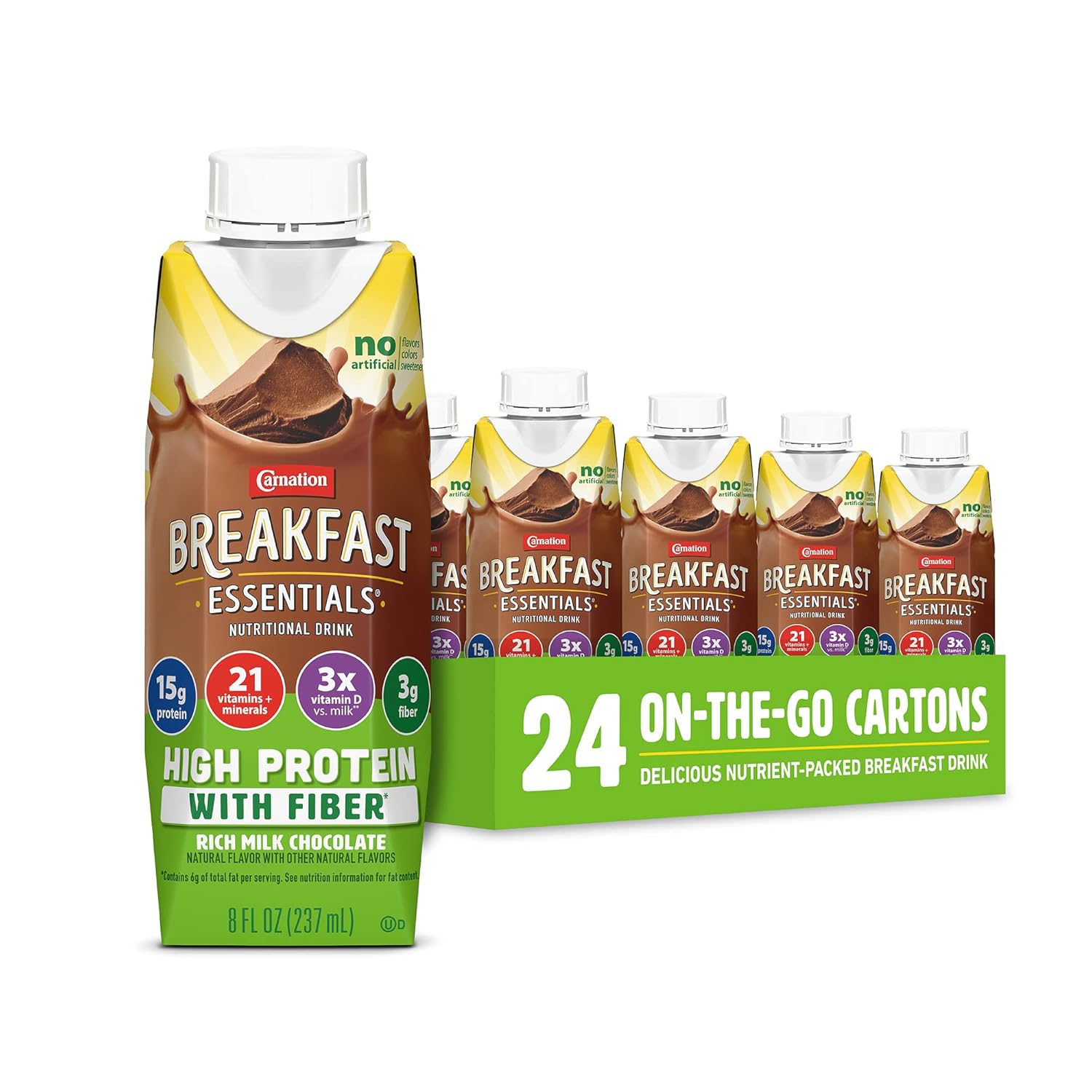 Carnation Breakfast Essentials High Protein With Fiber Ready-To-Drink, 8 Fl Oz Carton, Rich Milk Chocolate 8 Fl Oz (Pack Of 24) (Packaging May Vary)