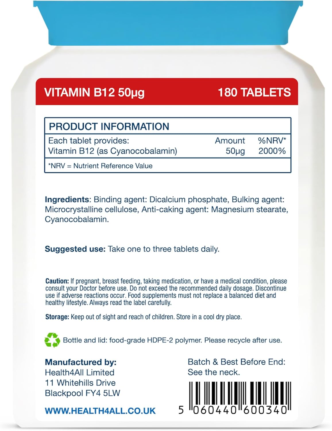 Vitamin B12 Cyanocobalamin 50mcg 180 Tablets (V) Tablets (not Capsules) Vegan. Made in The UK by Health4All. : Amazon.co.uk: Health & Personal Care