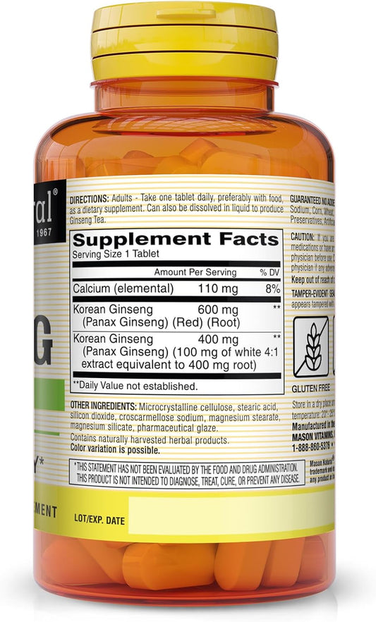 MASON NATURAL Korean Ginseng 1000 mg - Supports Overall Energy and Performance, Improved Endurance and Vitality, 60 Tablets