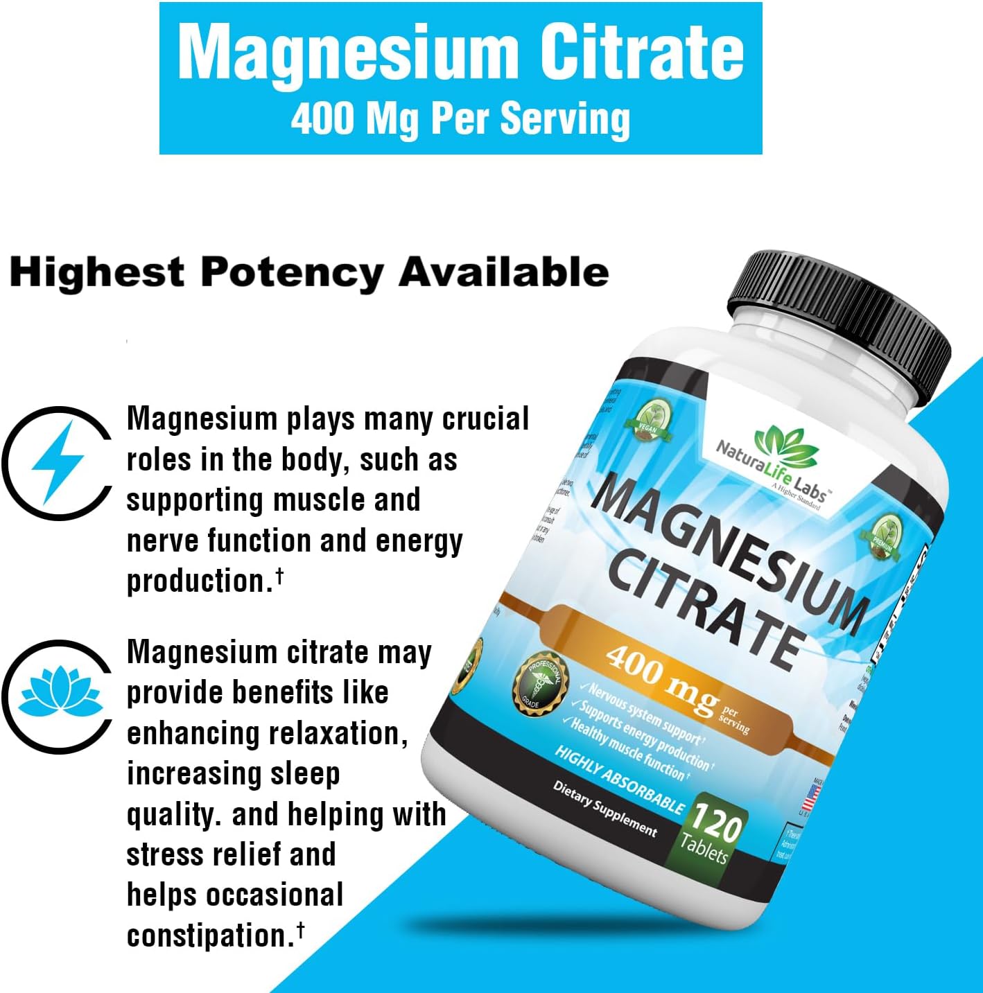 Magnesium Citrate 400 mg - High Potency Elemental Magnesium Essential Mineral for Heart, Muscle, & Digestion Support – Non-GMO - 120 Tablets : Health & Household