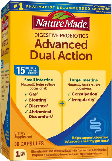 Nature Made Digestive Probiotics Advanced Dual Action, Dietary Supplement for Digestive Health Support, 30 Probiotic Capsules, 30 Day Supply