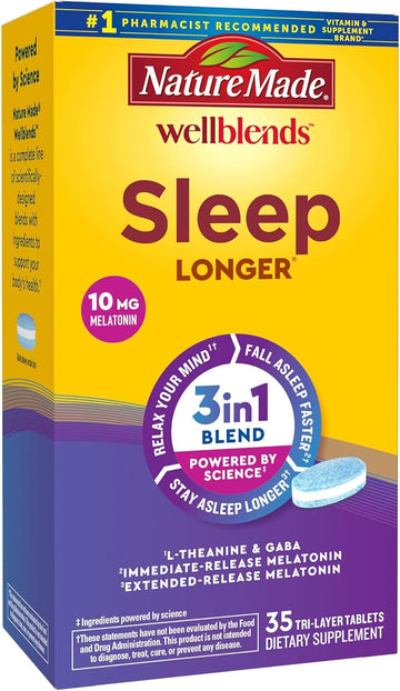 Nature Made Wellblends Sleep Longer, Melatonin 10Mg, L Theanine 100 Mg, And Gaba 100Mg, Sleep Supplement, 35 Tri-Layer Tablets
