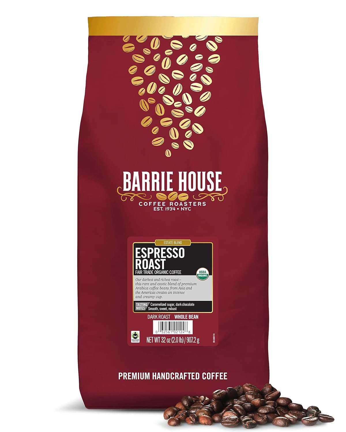 Barrie House Espresso Roast Whole Bean Coffee, 2 Lb Bag | Fair Trade Organic Certified | Dark Roast | Sweet And Robust Flavor| 100% Arabica Coffee Beans