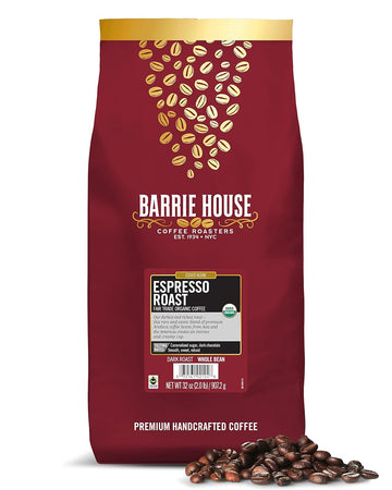 Barrie House Espresso Roast Whole Bean Coffee, 2 Lb Bag | Fair Trade Organic Certified | Dark Roast | Sweet And Robust Flavor| 100% Arabica Coffee Beans