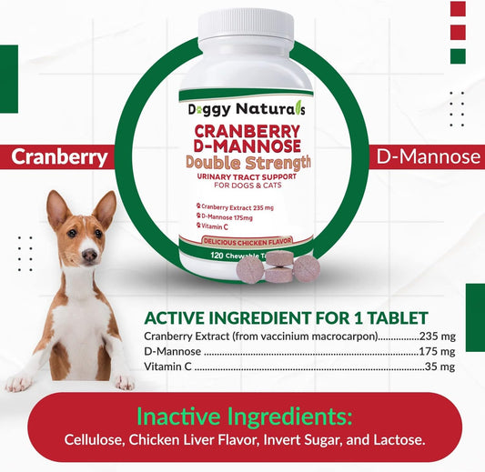 Cranberry D-Mannose for Dogs and Cats Urinary Tract Infection Support Prevents and Eliminates UTI, Bladder Infection Kidney Support, Antioxidant (Double Strength Tablet, 120 Count)