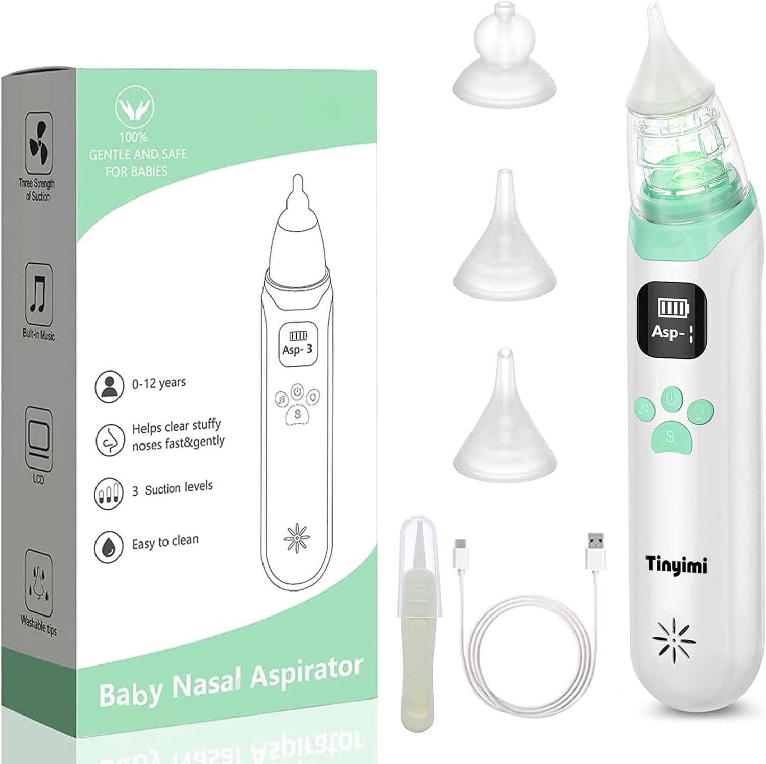 Baby Nasal Aspirator - Safe, Quick, and Hygienic Nose Cleaner with Pause, Music, and Light Soothing Functions - 3 Silicone Tips, Adjustable Suction Level