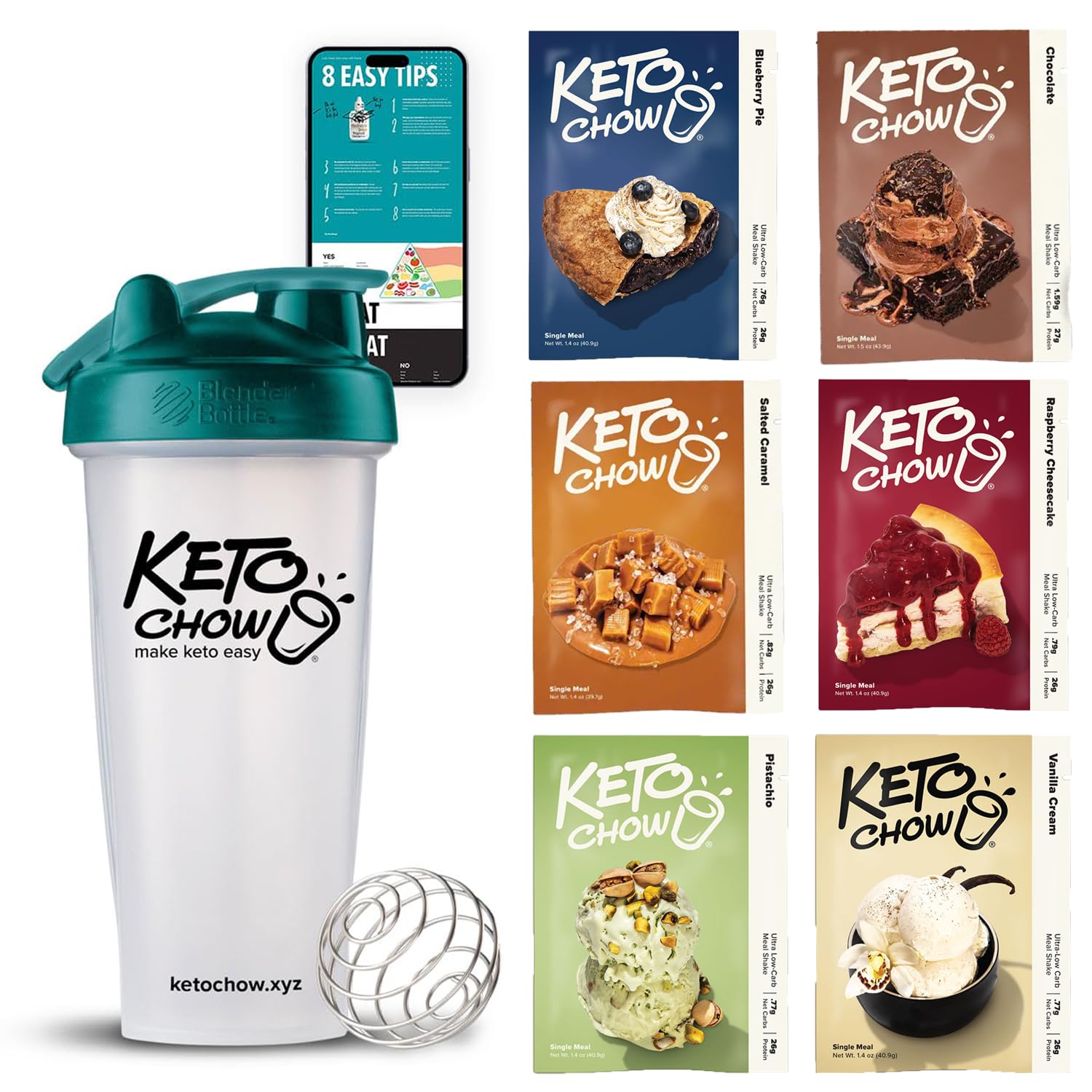 Keto Chow Essentials Kit - Keto Meal Replacement Shake Powder - Nutritionally Complete - Low Carb Shakes - Delicious Easy Meal Substitute - Protein Rich Keto Food You Choose The Fat - Single Meal Samples