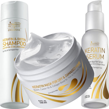 Vitamins Keratin Shampoo Serum and Hair Mask Kit - Protein Shampoo Serum and Deep Conditioner Hair Mask Set for Thin Fine Hair - Ultra Boost for Dry Damaged Color Treated Hair