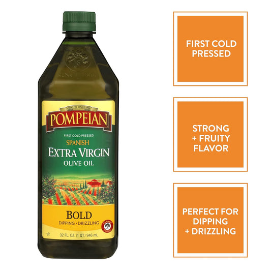 Pompeian Spanish Bold Extra Virgin Olive Oil, First Cold Pressed, Strong, Fruity Flavor, Perfect For Dipping And Drizzling, 32 Fl. Oz