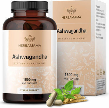 Herbamama Ashwagandha Root Capsules - 1500 Mg Ashwagandha Extra Strength Energy Supplements - Calming Supplements For Adults - Vegan, Non-Gmo - 250 Caps