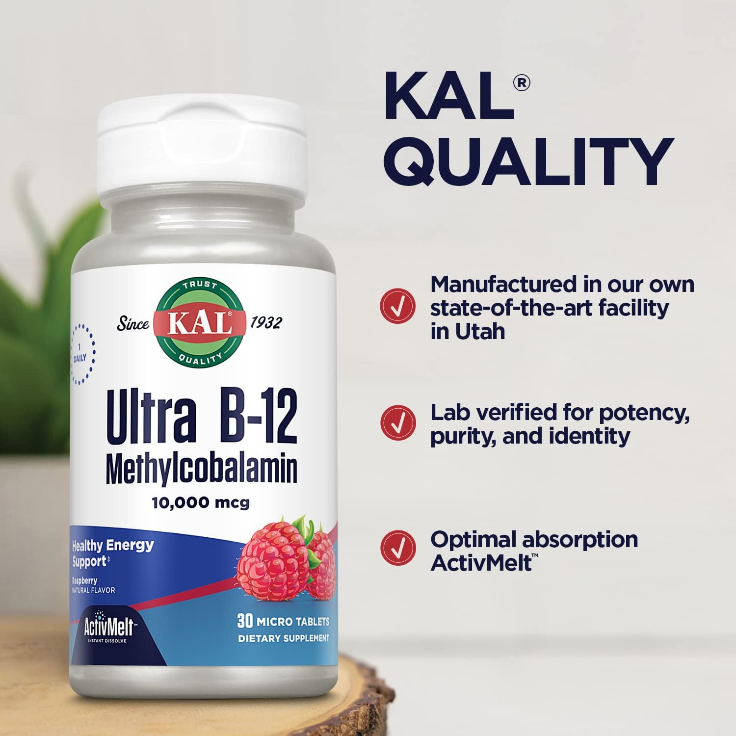 KAL Ultra B12 Methylcobalamin 10,000mcg, High Potency Vitamin B-12 for Healthy Energy, Metabolism, Nerve, Red Blood Cell Support,* Natural Raspberry Flavor, Vegetarian, 30 Micro Tablets, 30 Servings : Health & Household