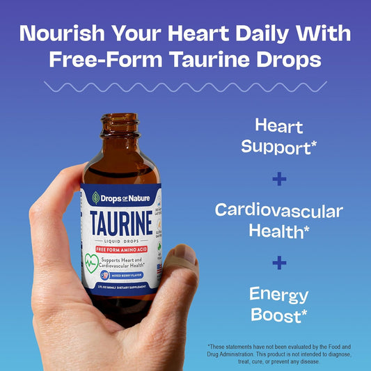 Taurine Supplement Liquid Drops – Vegan Alternative To Capsules & Powder – Complements Glycine And L'Theanine – Free-Form Amino Acids Supplement For Heart Wellness, Energy & Focus (Mixed Berry, 60 Ml)