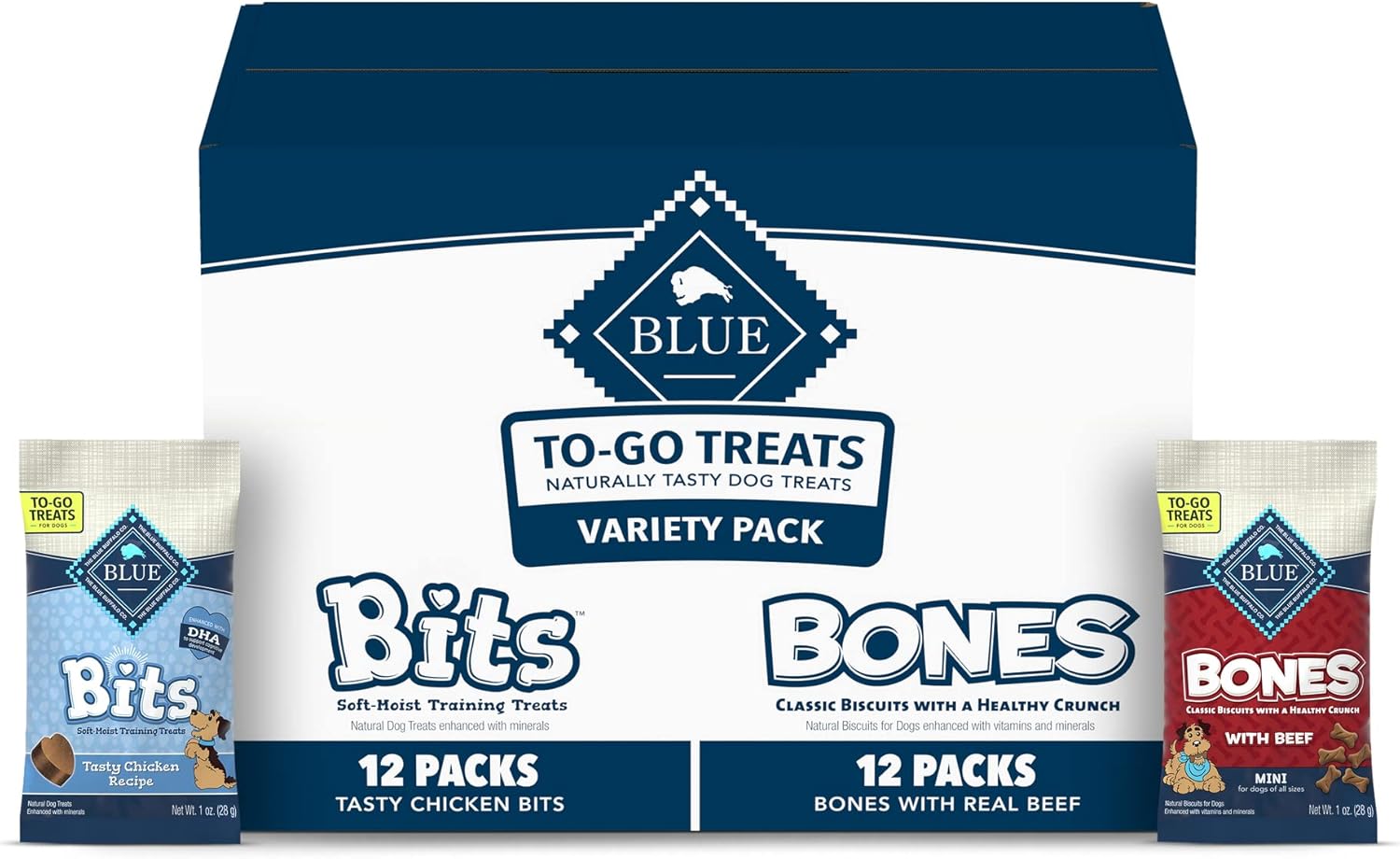 Blue Buffalo Bits & Bones Soft-Moist Training Treats & Crunchy Dog Biscuits To-Go, Chicken & Beef Variety Pack, 1-Oz Bags (24 Count - 12 Of Each)