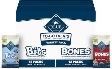 Blue Buffalo Bits & Bones Soft-Moist Training Treats & Crunchy Dog Biscuits To-Go, Chicken & Beef Variety Pack, 1-Oz Bags (24 Count - 12 Of Each)