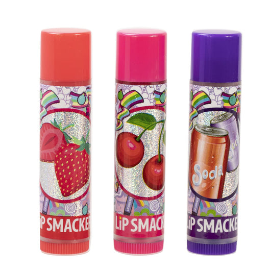 Lip Smacker Original & Best Christmas Flavored Candy Cane Lip Balm Trio- Purple Soda Pop, Cherry, Icy Strawberry