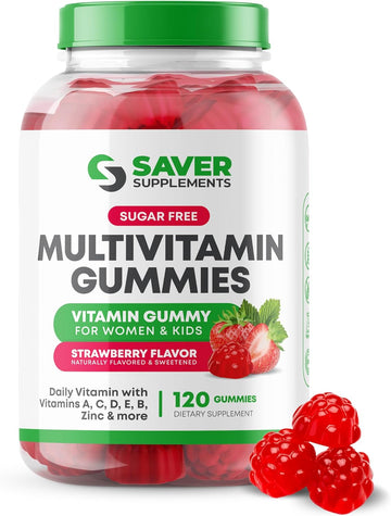 Sugar Free Multivitamin Gummies, 120 Gummies – Naturally Flavored And Sweetened Vitamin Gummy For Women And Kids – Strawberry Flavor