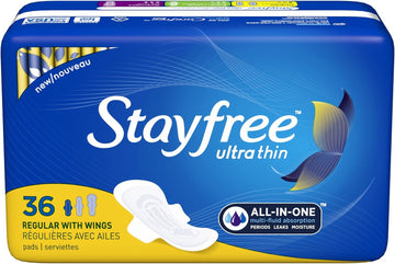 Stayfree Ultra Thin Regular Pads With Wings For Women, Reliable Protection And Absorbency Of Feminine Moisture, Leaks And Periods, 36 Count