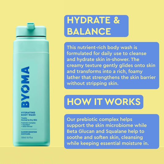 Byoma Hydrating Body Wash & Lotion Bundle - Moisturizing Duo For Normal To Dry Skin - With Squalane, Tri-Ceramide Complex, Shea Butter & Beta Glucan - Cleanse, Soothe & Strengthen Skin Barrier