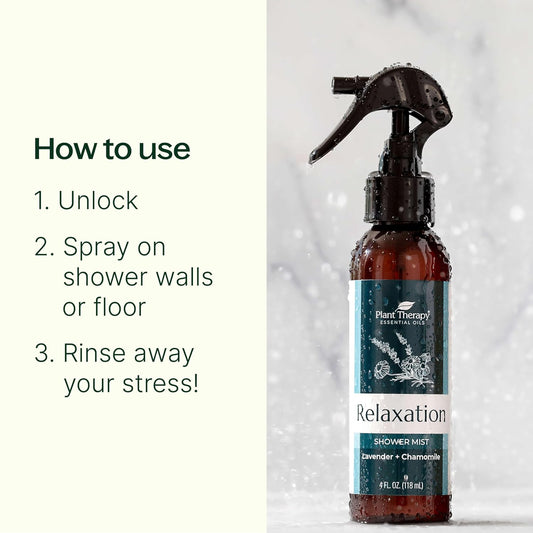Plant Therapy Relax Shower Steamer Mist 4 Oz Aromatherapy Spray For Spa, Made With Pure & Natural Essential Oils, Calming & Soothing, Deodorizer For Bathroom, Great For Evening Showers, Made In Usa