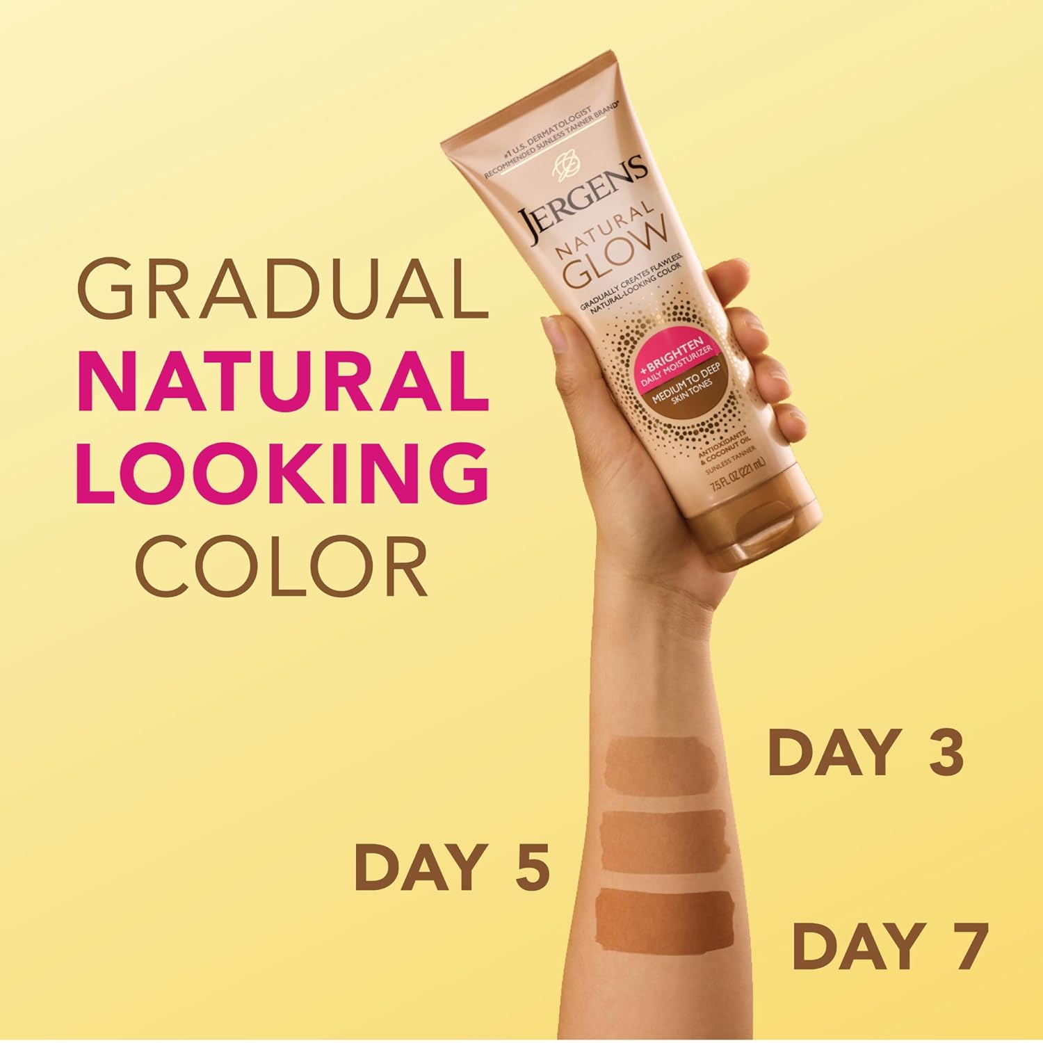 Jergens Natural Glow Self Tanner Body Lotion, Sunless Tanning, Medium To Deep Skin Tone, Daily Moisturizer With Coconut Oil, Vitamin E And Antioxidants, 7.5 Oz