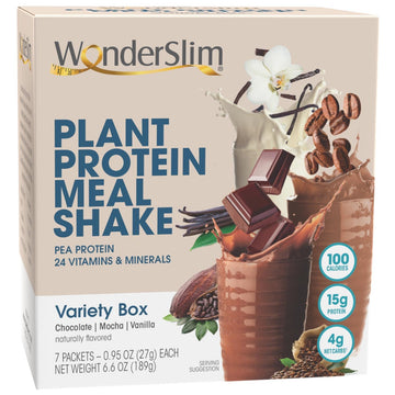 Wonderslim Plant Based Meal Replacement Shake, Variety Pack, 15G Protein, Keto Friendly & Low Carb, 1G Sugar Or Less, No Gluten, Soy, Or Dairy (7Ct)