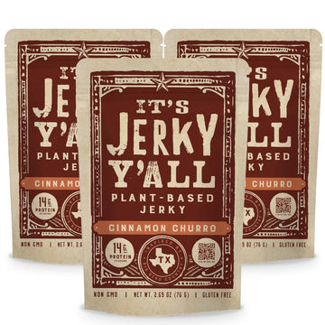 It's Jerky Y'all Plant Based Jerky CINNAMON CHURRO | Beyond Tender and Tasty Vegan Snacks | All-Natural Ingredients, Non-GMO, Gluten Free, Vegetarian (3 Pack)