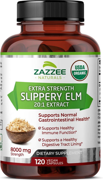 Zazzee Usda Organic Slippery Elm Bark 20:1 Extract, 8000 Mg Strength, 120 Vegan Capsules, 4 Month Supply, Standardized, Concentrated 20X Extract, 100% Vegetarian, All-Natural, Non-Gmo, Made In The Usa