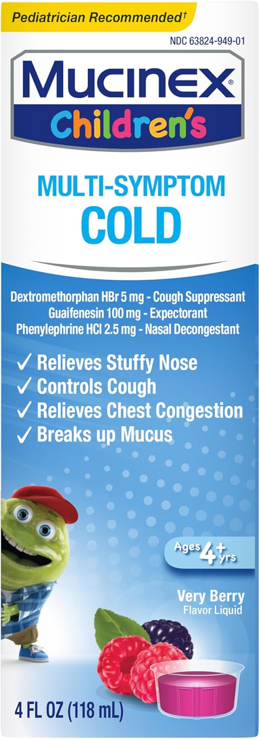 Cold, Cough, And Fever, Mucinex Children'S Multi-Symptom, Night Time Cold Liquid, Mixed Berry, 4Oz, Reduces Fever, Controls Cough, Relieves Stuffy Nose