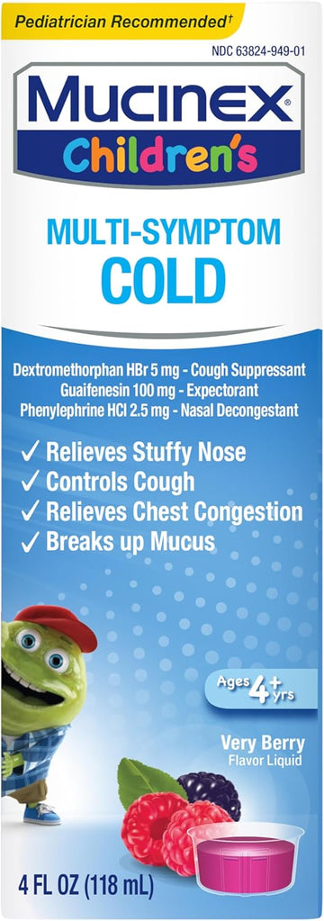 Cold, Cough, And Fever, Mucinex Children'S Multi-Symptom, Night Time Cold Liquid, Mixed Berry, 4Oz, Reduces Fever, Controls Cough, Relieves Stuffy Nose
