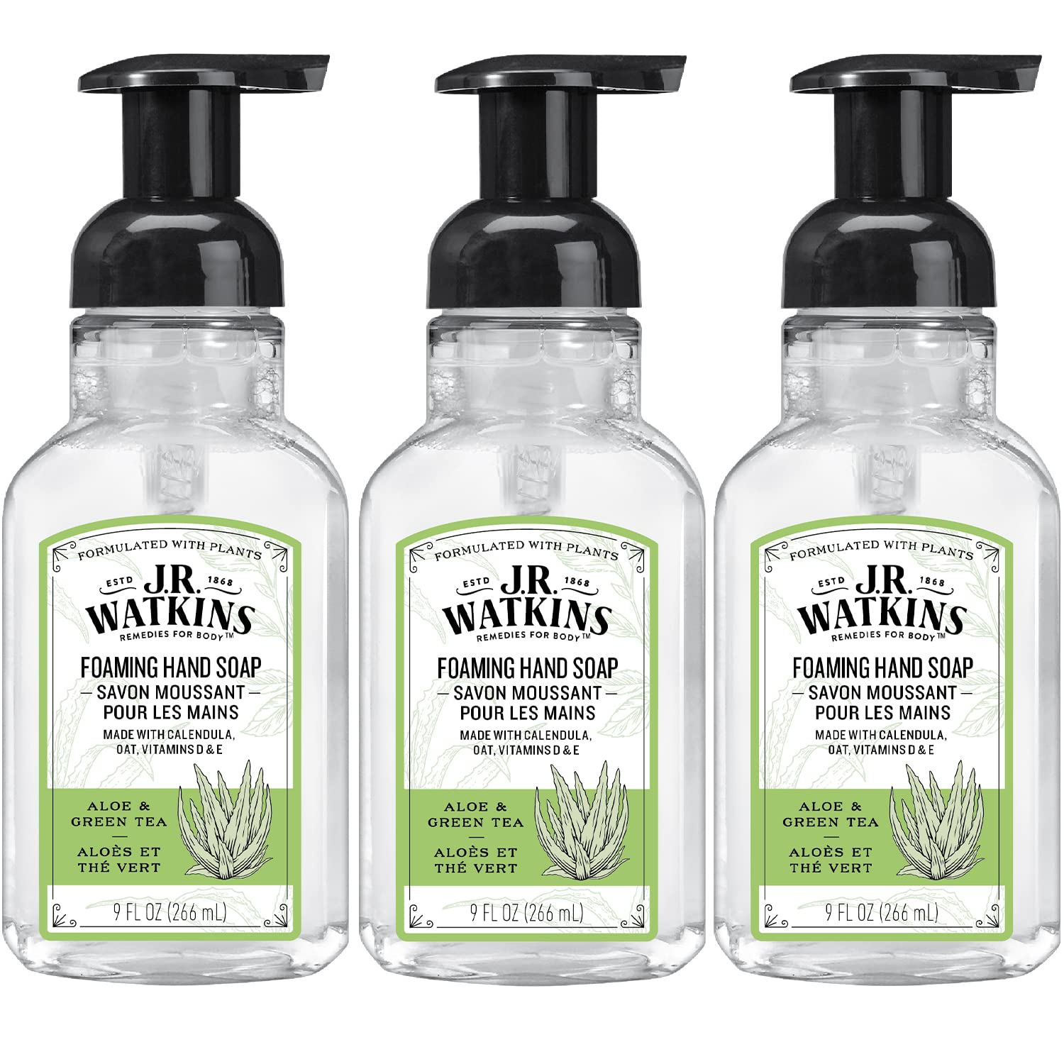 J.R. Watkins Foaming Hand Soap With Pump Dispenser, Moisturizing Foam Hand Wash, All Natural, Alcohol-Free, Cruelty-Free, Usa Made, Aloe Green Tea, 9 Fl Oz, 3 Pack