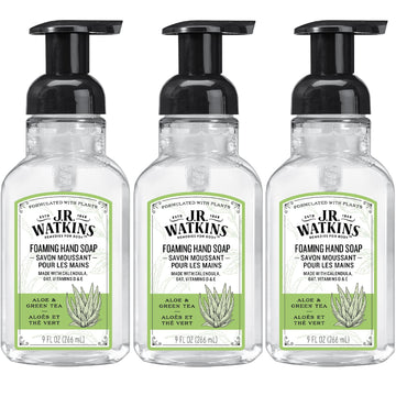 J.R. Watkins Foaming Hand Soap With Pump Dispenser, Moisturizing Foam Hand Wash, All Natural, Alcohol-Free, Cruelty-Free, Usa Made, Aloe Green Tea, 9 Fl Oz, 3 Pack