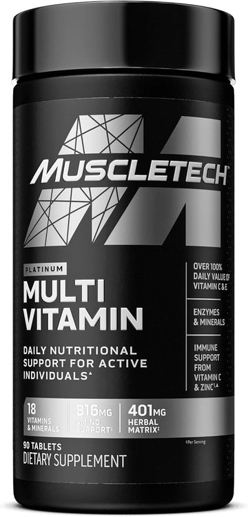 Muscletech Platinum Multivitamin For Immune Support 18 Vitamins & Minerals Vitamins A C D E B6 B12 Daily Workout Supplements For Men 90 Ct