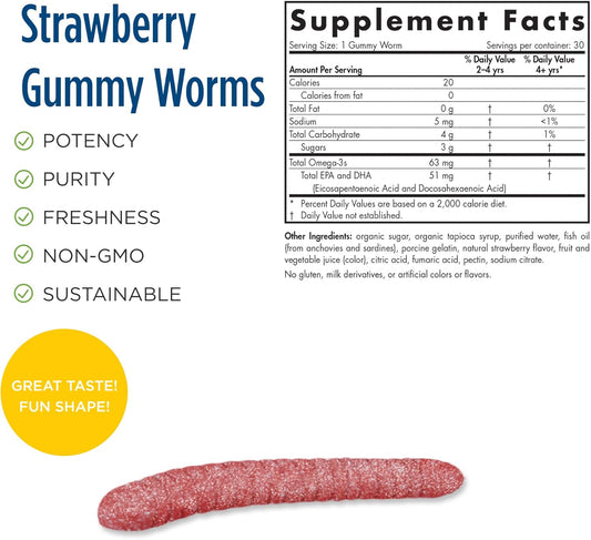 Nordic Naturals Nordic Omega-3 Gummy Worms, Strawberry - 30 Gummy Worms - 63 mg Total Omega-3s with EPA & DHA - Non-GMO - 30 Servings