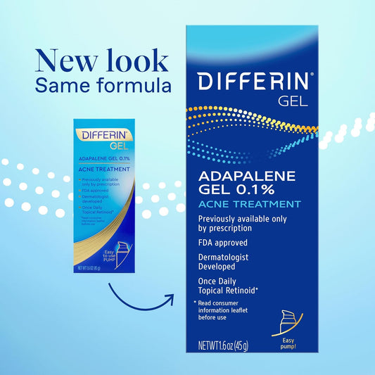 Differin Acne Treatment Gel, 90 Day Supply, Retinoid Treatment For Face With 0.1% Adapalene, Gentle Skin Care For Acne Prone Sensitive Skin, 45G Pump (Packaging May Vary)