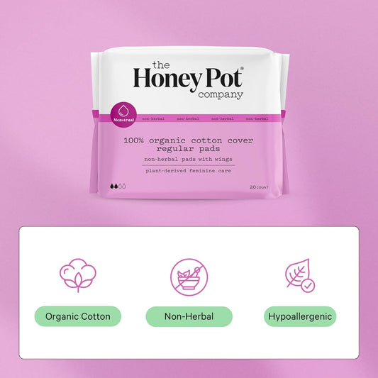 The Honey Pot Company - Non-Herbal Regular Flow Pads with Wings - Organic Pads for Women - Cotton Cover, & Ultra-Absorbent Pulp Core - Feminine Care - 20 ct