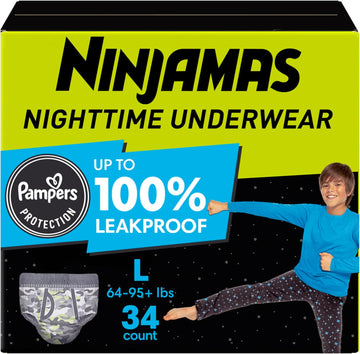 Ninjamas Nighttime Bedwetting Underwear Boys - Size L (64-125 Lbs), 34 Count