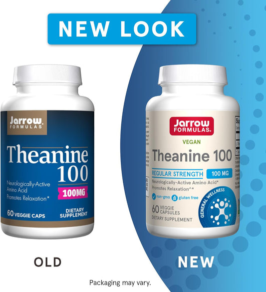 Jarrow Formulas Regular Strength Theanine 100 mg, Dietary Supplement That Promotes Relaxation, 60 Veggie Capsules, 60 Day Supply
