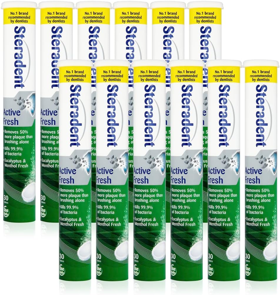 Steradent Active Fresh Denture Cleaning Tablets, Plaque Remover, Eucalyptus & Menthol Fresh, Pack Of 12 X 30 Tablets, Total 360 Tablets